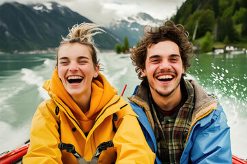 Two happy friends laughing and enjoying an adventurous boat ride on a scenic mountain lake.