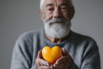 Elderly Man Holds Heart Shaped Orange