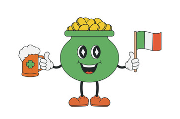 Green pot with gold coins, happy retro cartoon groovy character with beer and Ireland flag. Saint Patrick’s Day. Groovy, Y2K, vintage aesthetics.Cute mascot design for posters, flyers, brochures, web.
