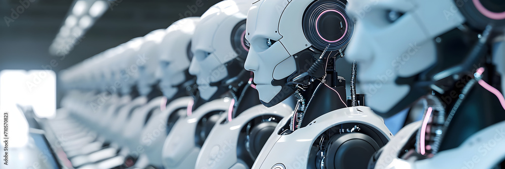 Poster row of robots in call center working as operators answering customer calls