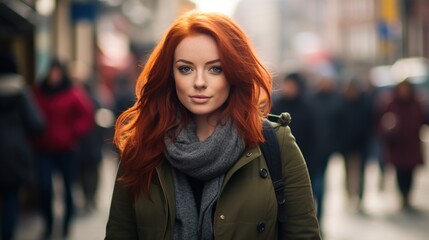 Young red hair plus size woman in the street