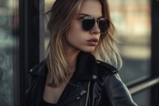 Woman in Black Leather Jacket and Sunglasses