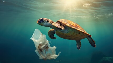 Turtle Swimming With Plastic Bag