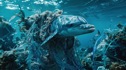 a Dolphin entangled in plastic waste in the ocean. The concept for a banner on the theme of environmental protection and ecology