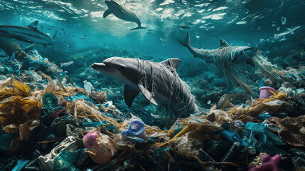a flock of Dolphins entangled in plastic waste in the ocean. The concept for a banner on the theme of environmental protection and ecology