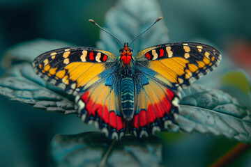 Fototapeta premium A butterfly painted with strokes of red, orange, and yellow to mimic fire.