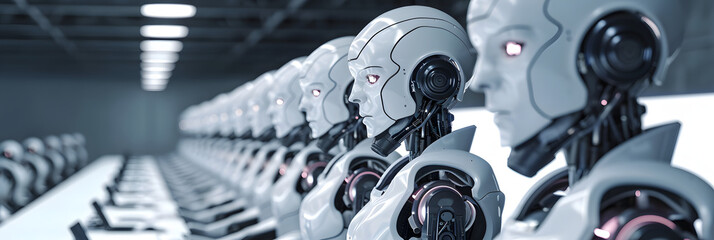 Row of robots in call center working as operators answering customer calls - obrazy, fototapety, plakaty