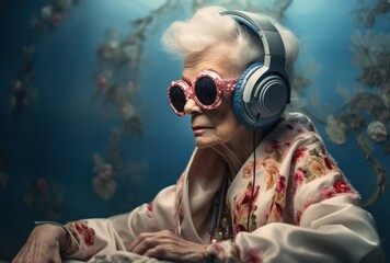 Elderly Woman Listening to Music With Headphones