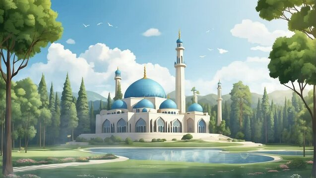 The mosque is in the middle of the forest. Cartoon and anime vector painting illustration hand drawn style. Looping video 4k with animation background.