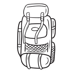 SHOTLISTtravel. Realistic tourist big backpack with pockets in black isolated on white background. Hand drawn vector sketch illustration in simple doodle line art. Camping equipment, mountain trip.