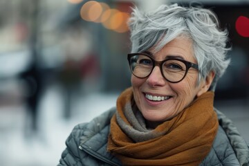Fototapeta premium Smiling Woman With Glasses and Scarf