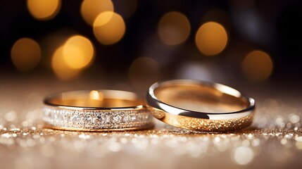 Obraz na płótnie Canvas A pair of gold wedding rings with bokeh background