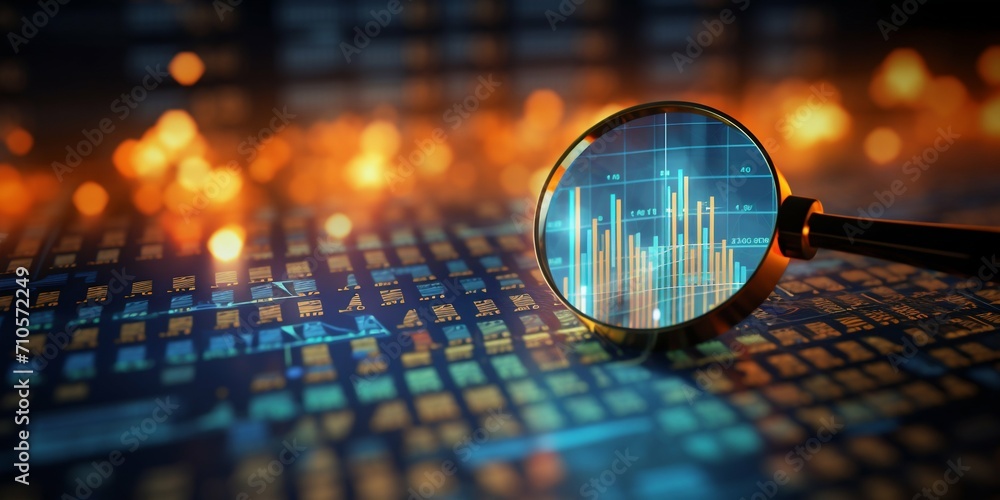 Poster in-depth financial data analysis through magnifying glass. generative ai