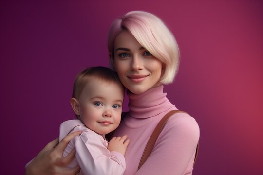 A woman holding a baby against a pink background