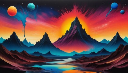 Fantasy landscape with mountains and planets in the sky. 3d illustration