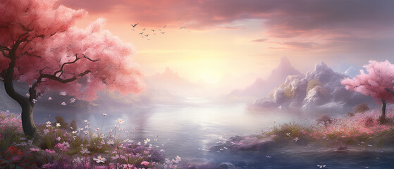 Spring ultra wide background, colorful flowers, butterflies, soft light, for banners or wallpapers