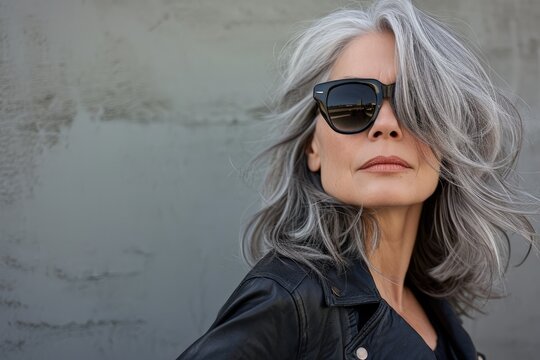 Stylish Woman With Grey Hair Wearing Sunglasses