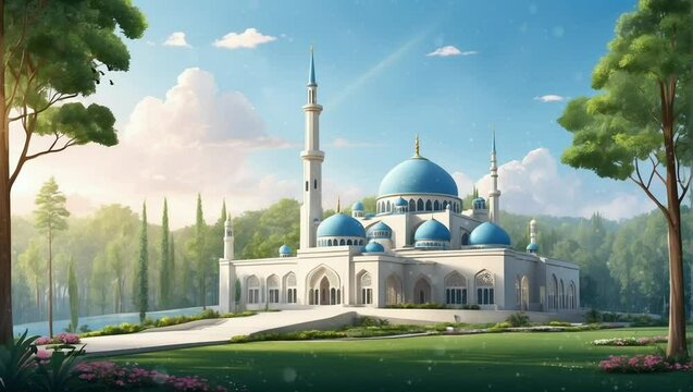The mosque is in the middle of the forest. Cartoon and anime vector painting illustration hand drawn style. Looping video 4k with animation background.