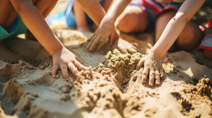 Children playing with sand on the beach. Selective focus. nature. Sandbox. Childhood Concept with a Copy Space.	 - obrazy, fototapety, plakaty