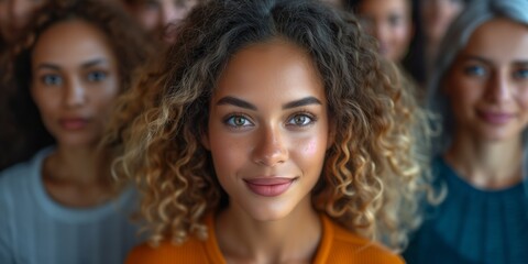 Confident young woman smiling with diverse group in background