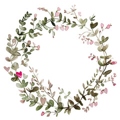 Enchanting watercolor illustration of  Valentin's Day wreath with flowers and hearts on a transparent background - obrazy, fototapety, plakaty