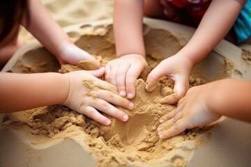 Obraz na płótnie Canvas Children's hands in the sand. Selective focus. nature. Sandbox. Childhood Concept with a Copy Space. 