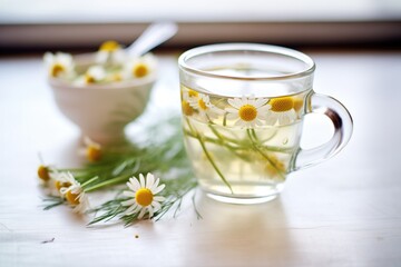 Obraz na płótnie Canvas close-up of chamomile flowers in hot water, glass cup