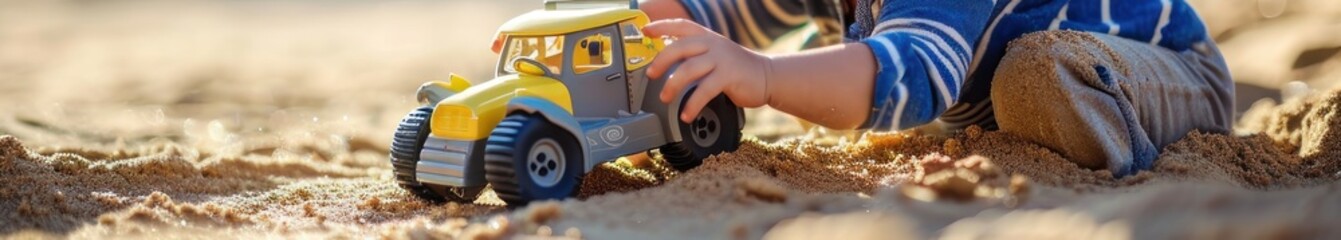 Cute little boy playing with toy car on the beach. Selective focus. Sandbox. Childhood Concept with a Copy Space.	