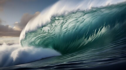 A Surfer Riding a Massive Wave at Sunset