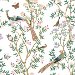 Vintage botanical garden tree, Chinese birds, butterfly floral seamless pattern. Exotic chinoiserie wallpaper.