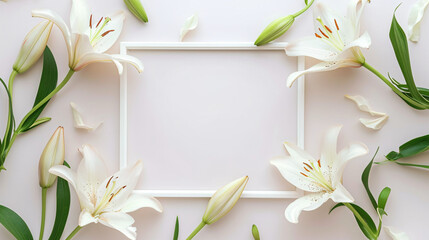Serene Lily Display, White Floral Elegance, Minimalist Design Frame, background with white flowers, Copyspace for text