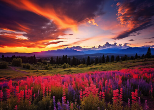 Beautiful Mountain meadow landscape with beautiful mountain flowers Image, AI Generative Photo