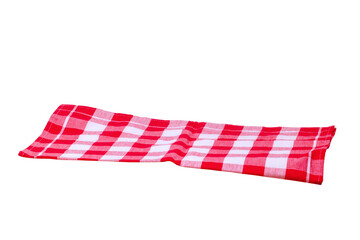 Red and white checkered napkin or tablecloth texture isolated on white background. Clipping path. Backdrop for your product placement or montage. Kitchen accessories.