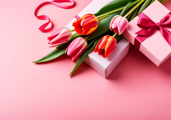 Mother's Day or valentine romantic concept. Top view photo giftbox with ribbon bouquet of tulips on pink background with copy space. Generative AI