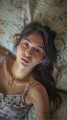 Fototapeta premium Relaxed Serenity: A Young Woman Lying on the Bed, Capturing a Moment of Peace and Calm in Her Personal Sanctuary.