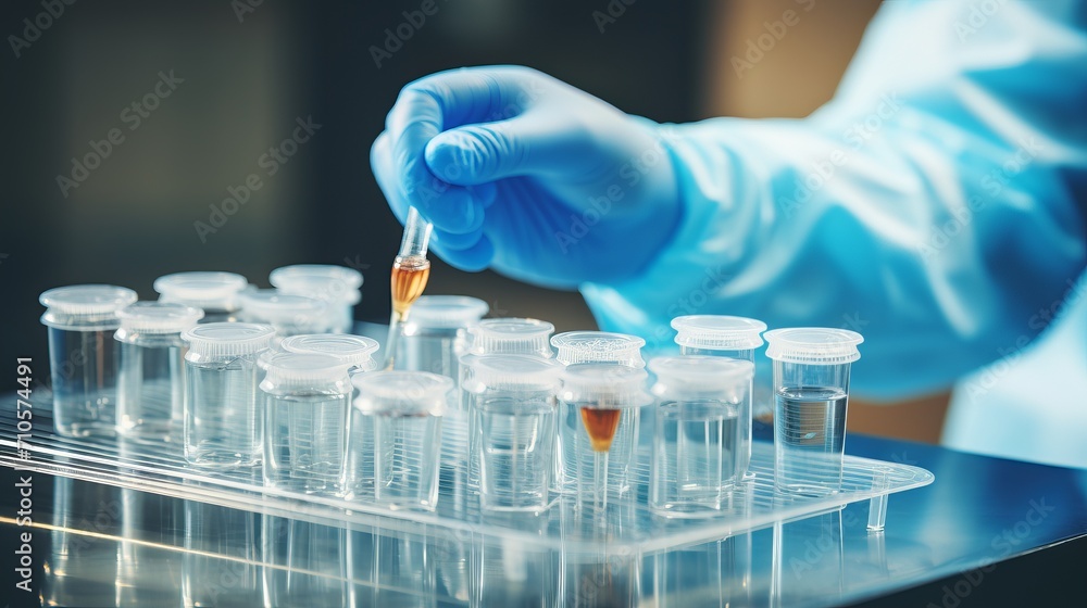 Poster scientist expertly analyzing samples in the laboratory, leaving ample copyspace for informative text