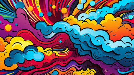 Fototapeta na wymiar Comics illustration, retro and 90s style, pop art pattern, abstract crazy and psychedelic background. Generative AI