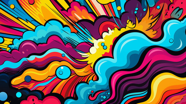 Comics illustration, retro and 90s style, pop art pattern, abstract crazy and psychedelic background. Generative AI