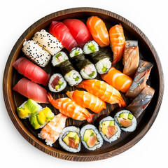 Assorted sushi platter featuring nigiri, sashimi, and maki rolls with fresh salmon, tuna, avocado, and cucumber in a wooden bowl on a white background. The sushi is arranged in a circular pattern. 