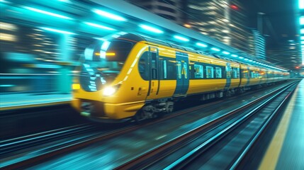 Modern yellow train speeding through urban night scene