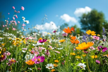 Obraz na płótnie Canvas Flower meadow in spring blue sky. Generative AI