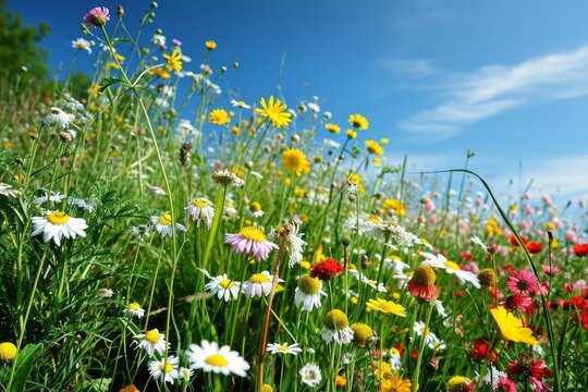 Flower meadow in spring blue sky. Generative AI © STOCKAI