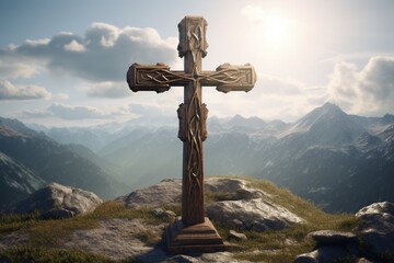 A wooden religious cross is showcased in this particular view - obrazy, fototapety, plakaty