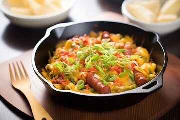 cheesy hot dog with chili in a skillet