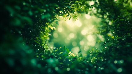 Sunlight filtering through dense, lush green foliage, casting a magical glow and illuminating intricate leaf details. 