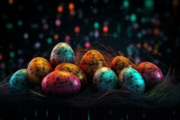 image of colorful eggs on dark background with data processing. Generative AI