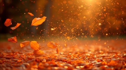 Autumn leaves dancing in the sunset glow on a warm evening