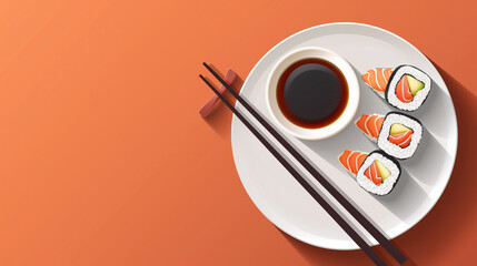 Minimalist illustration of a sushi plate with fresh salmon sushi rolls against a solid vibrant orange background. The plate is accompanied by a small bowl of soy sauce and a pair of chopsticks. 