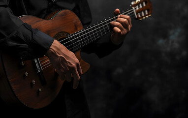 Man Playing Classical Guitar on Dark Background