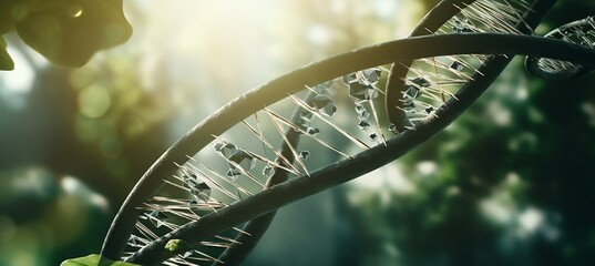 Dna helix encircled by lush green plants, depicting the harmony of nature and genetic structure